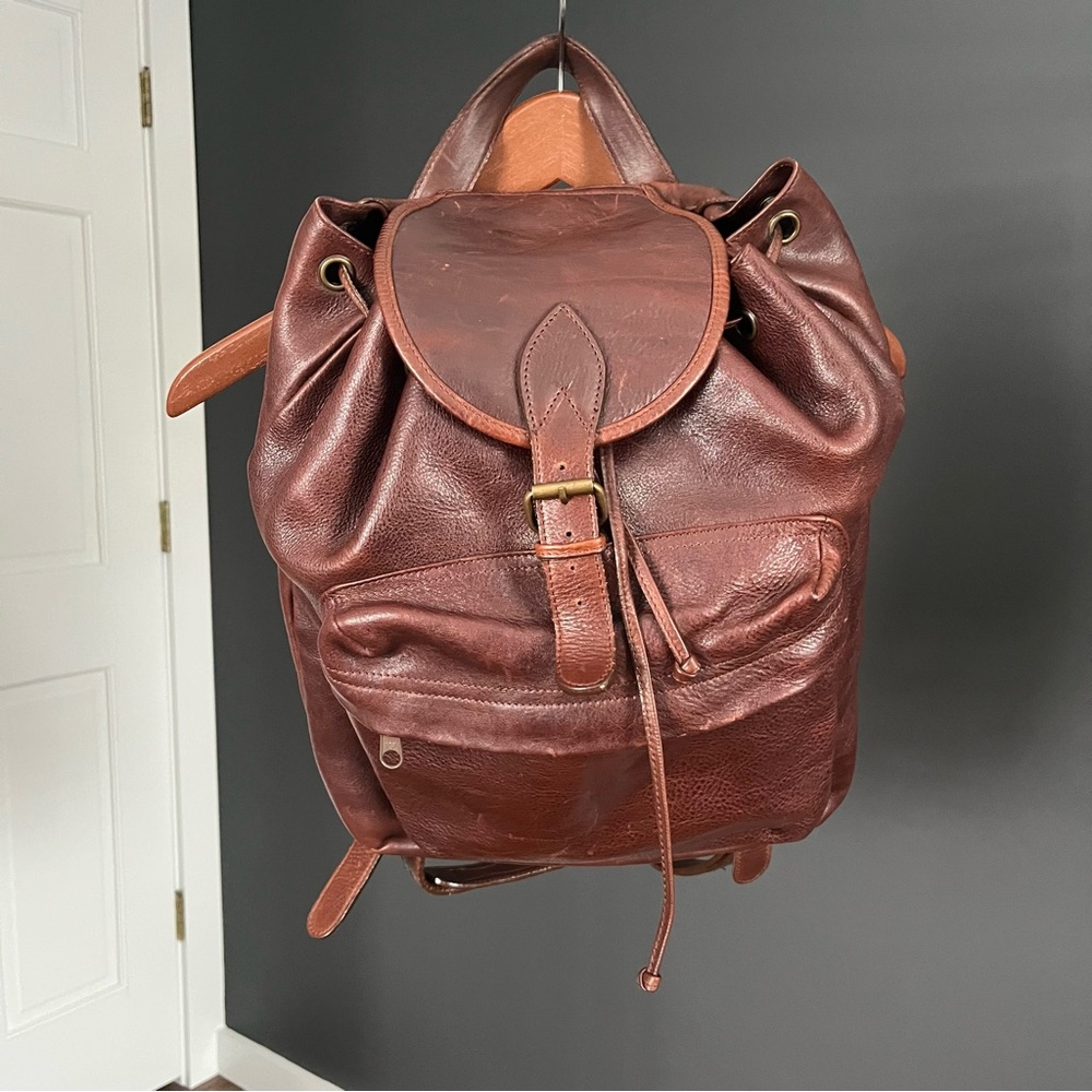Vintage 90s Genuine Leather Backpack Rucksack Cognac Brown Slouchy Unisex - Picture 3 of 11